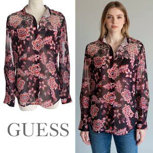 GUESS Nira Chiffon Semi Sheer Floral Rhinestone Detail Long Sleeve Button Down S